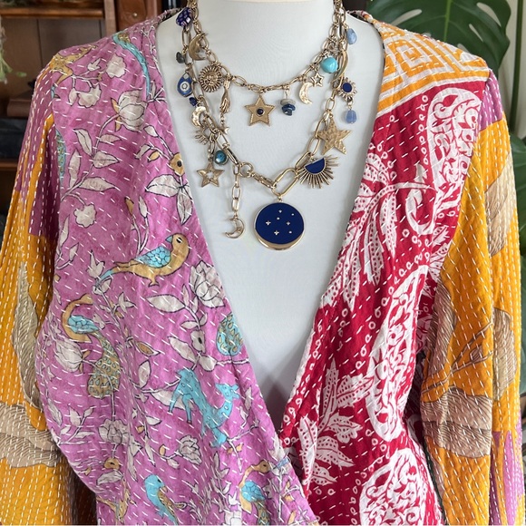 Kantha Bae Birds & Floral Kantha Deep V Drapey Faux Wrap Shirt OS - Picture 3 of 11